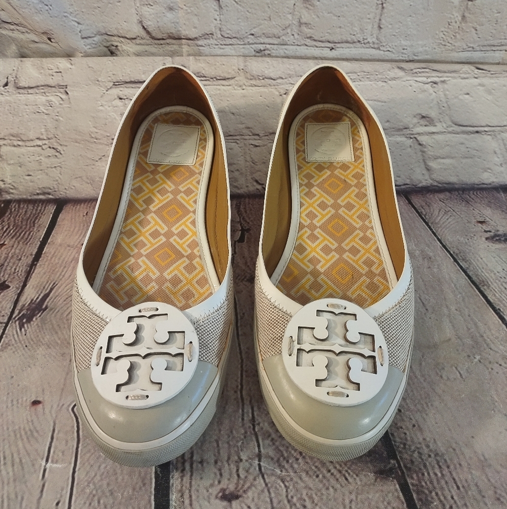 Tory Burch White & Tan Flats with Gold Accents